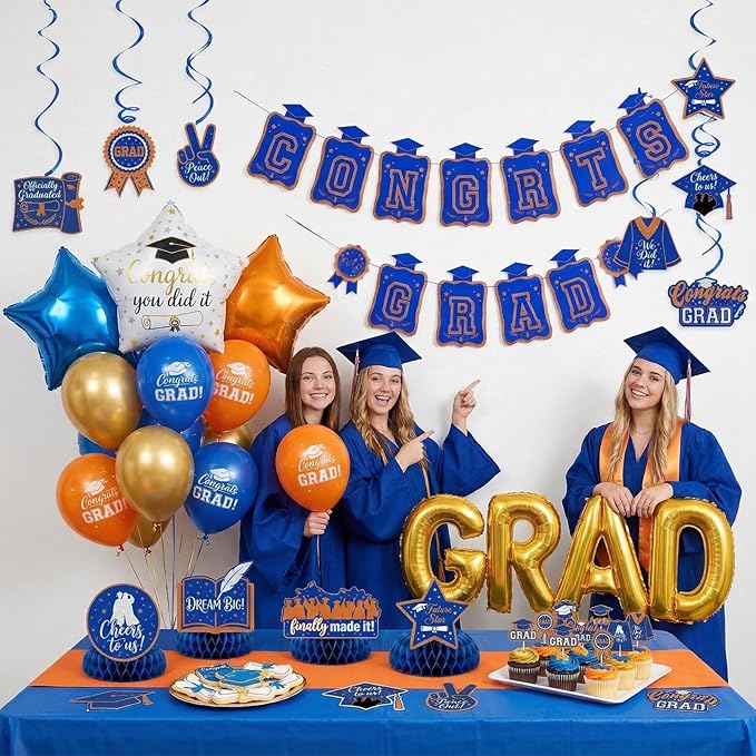Blue Orange Gold Balloons GRAD Print Balloons with Banner Table Honeycomb Centerpieces Hanging Swirl star GRAD Letters Mylar Balloons for 2026 graduate Prom Decorations