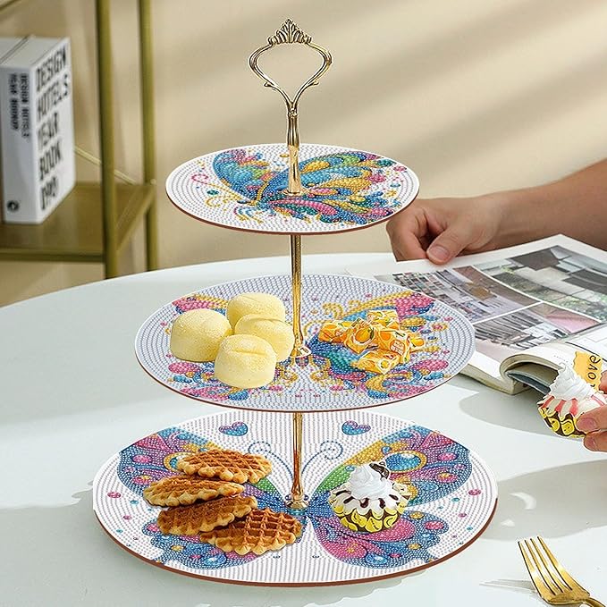 3 Tier Wooden Diamond Art Painting Cake Cupcake Display Stand Round Cupcake Stand Dessert Tower Pastry Tray Platter for Tea Party Wedding Birthday-Butterfly