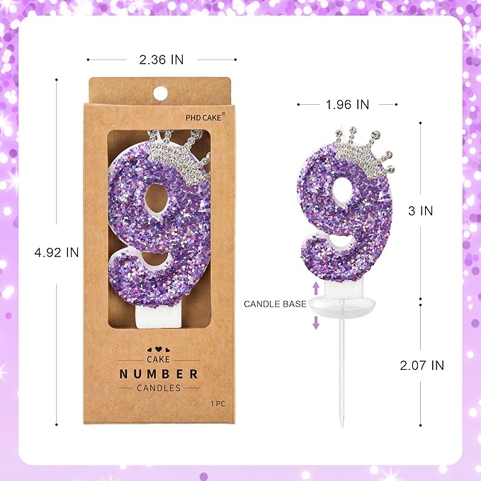 Birthday Number Candles,Purple Crown Birthday Candles for Cake,Glitter Number 9 Candle Cake Topper with Sequins for Anniversary Celebrations Supplies
