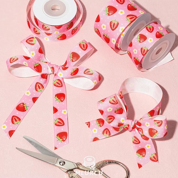Strawberry Ribbon 3 Rolls Fruit Print Grosgrain Ribbons 5/8", 7/8", 1.5", Strawberry Printed Ribbon for Crafts, Gift Wrapping, Hair Bows, Summer Party, Scrapbooking, Holiday Decor