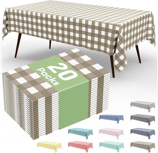 Smiry 20 Pack Khaki Gingham Disposable Tablecloths - 54" x 108" Heavy Duty Plastic Table Cloth, Waterproof Buffalo Plaid Table Covers for Picnic, Banquets, Outdoor Parties