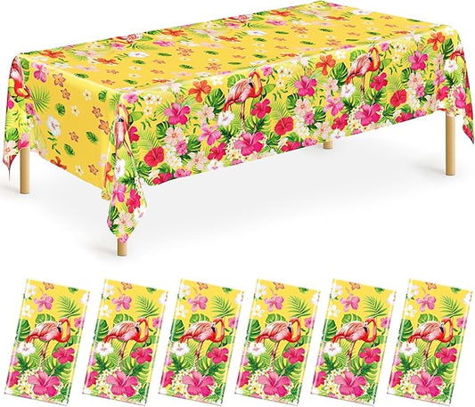 QZYL 6 PCS Luau Tablecloths, 54 x 108 Inches Hawaiian Table Cloths, Disposable Luau Party Supplies Tropical Decorations with Flamingo Palm Leaves, Aloha Party Decorations Summer Decor for Tiki Bar