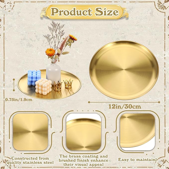 Molain 10 Pcs Gold Serving Trays, 12 Inch Stainless Steel Round Decorative Serving Table Food Circle Tray for Coffee Bar Home Bathroom Candle Wedding Party Makeup Organizer Perfume Countertop