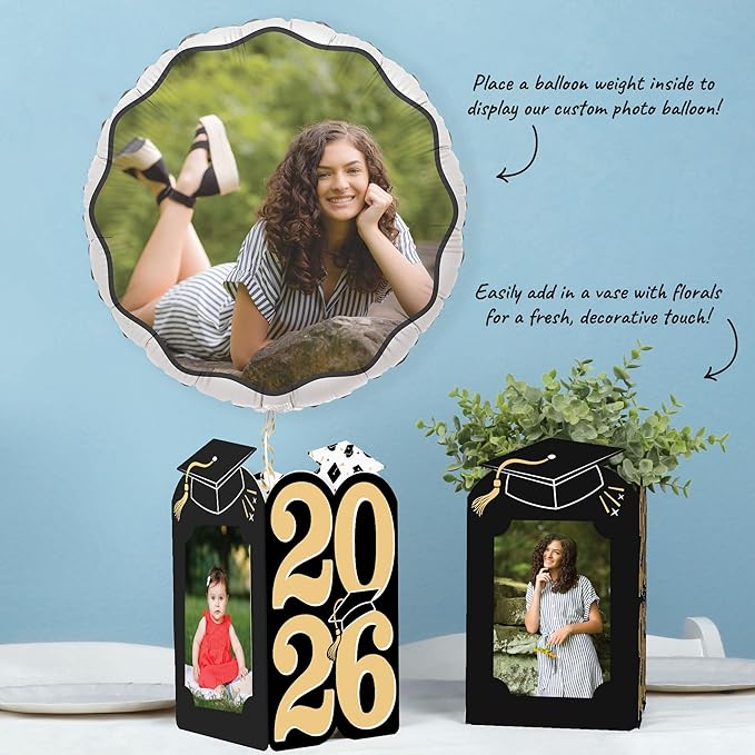 Big Dot of Happiness Black & Gold 2026 Graduation Photo Holder Centerpieces, 4x6 Picture Display Box, Table Decoration Centerpiece for Grad Party Decor, 8 Count