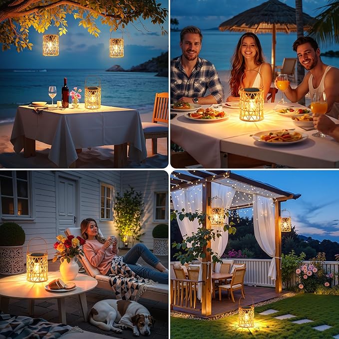 KOOPER Solar Lantern Outdoor Lights, 4 Pack Bright Hanging Solar Lanterns Outdoor Waterproof with Handle, Decoration Rattan Lanterns for Outside Hanging Garden Patio Yard Porch Trees Lawn Pathway Gift