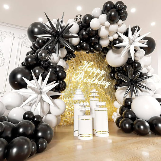 Black and White Balloons Garland Arch Kit with Stars 200Pcs - 5 10 12 18 22 inch Balloon and Confetti Latex Balloons for 2025 Graduation Birthday Anniversary New Year Theme Party Decorations