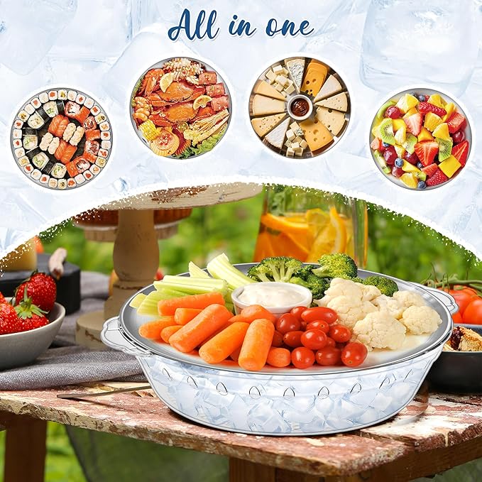 Chilled Serving Tray 4-Pack, 11.8" Compartment Charcuterie Board with Clips & Forks for Parties, Keeps Food Cold for Vegetable Fruit, Cheese, Seafood Shrimp Cocktail Serving Dish