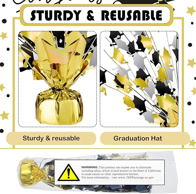 Juexica 12 Pcs 2026 Metallic Burst Table Centerpiece Mini Grad Caps Foil Spray Black Gold Silver Graduation Party Glitter Tableware Decorations for High School College Congrats Dinner Decor 14"