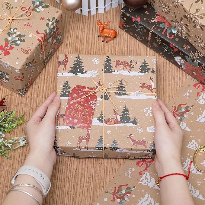 Larcenciel Christmas Gift Wrapping Paper Set, 6 Sheets with Tags, Stickers, Twine and Tape, Classic Holiday Kraft Wrapping Paper, Green Brown Elegant Xmas Gift Wraps for Girly, Boys, Coworker, Friends