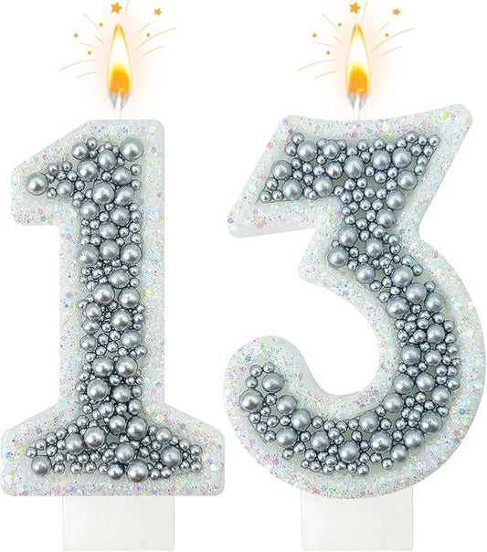 13 Birthday Number Candle for Cake, Glitter Number Candle with Silver Beads, Decorative Cake Topper for Milestone Celebrations