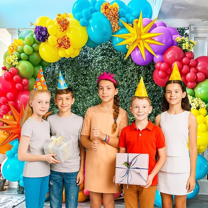 Summer Tropical Balloon Arch Garland Kit, 4D Star Foil Balloons Hot Pink Lime Green Orange Teal Yellow Rainbow Ballon for Hawaiian Luau Aloha Birthday Shower Pool Party Decorations