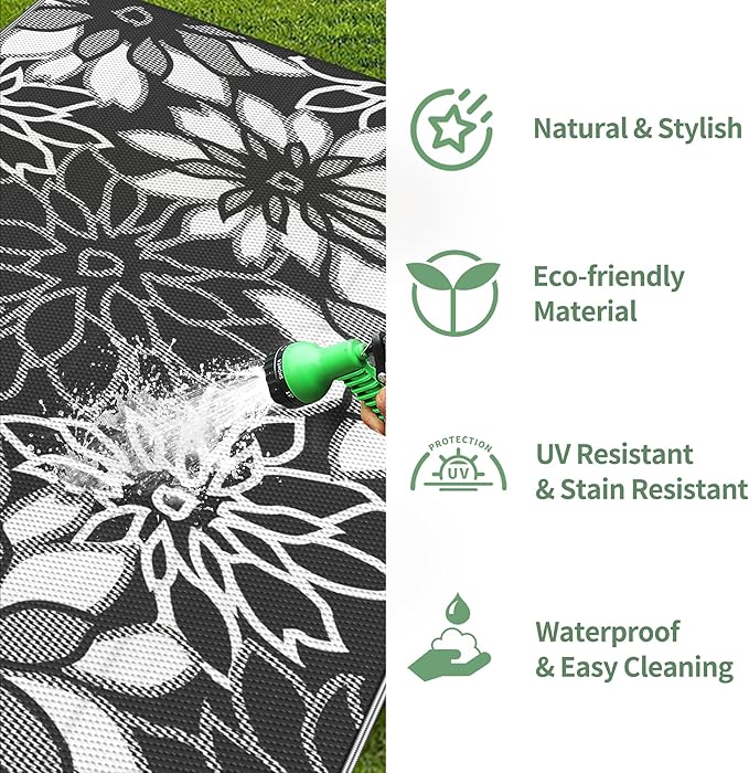 GENIMO Outdoor Rug Waterproof for Patio Decor, 6' x 9' Reversible Plastic Straw Floral Camping Carpet, Large Area Rugs Mats for RV, Camper, Deck, Balcony, Porch, Beach, Picnic, Black & White