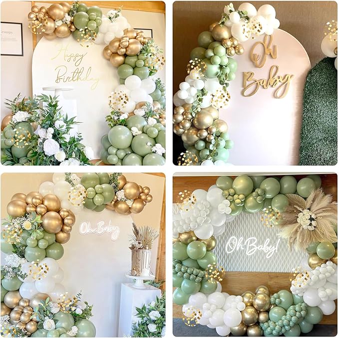147pcs Sage Green Balloon Arch Kit, Sage Green and Gold White Balloons for Wedding Engagement Anniversary Bridal Shower Baby Shower Birthday Party Decorations