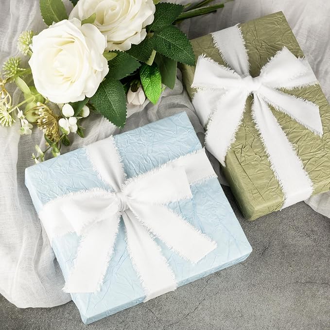 White Cotton Ribbon 1 Inch White 3 Rolls 21 Yards Frayed Edge Fabric Set for Wedding Invitations, Bridal Bouquet Wrap, Baby Shower, Christening & Gift Wrapping