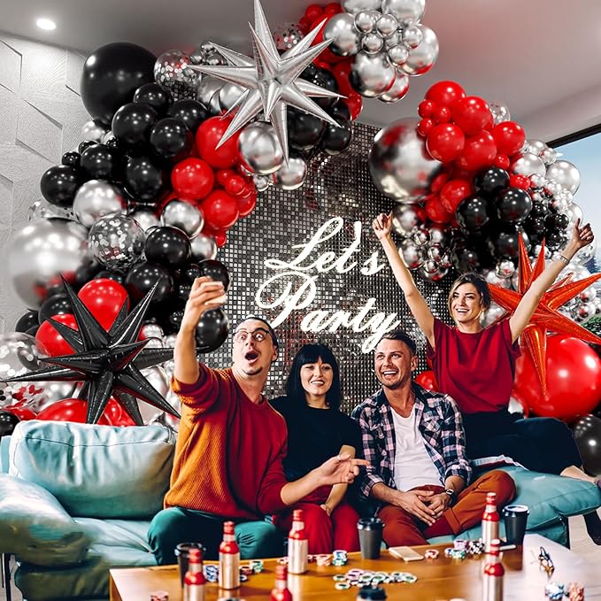 Red and Black Balloon Arch Kit with 3pcs Star Balloons, Red Black and Metallic Silver Balloons Garland Kit for Birthday Red Black Graduation 2025 New Year Party Decorations
