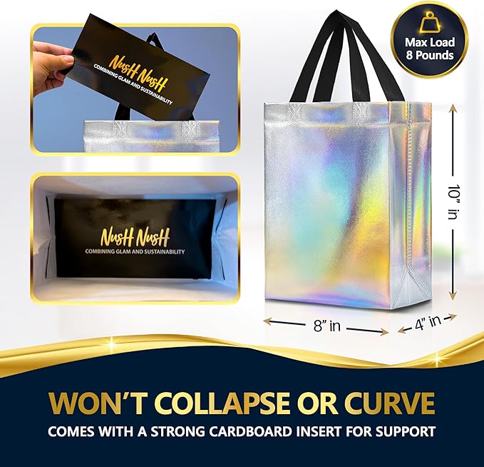 Nush Nush Set of 60 Iridescent Medium Gift Bags Bulk - Reusable Holographic Gift Bags With Handles - Goodie Bag for Birthday, Small Business, Wedding Welcome Gifts, Large Events – 8W x 4D x 10H