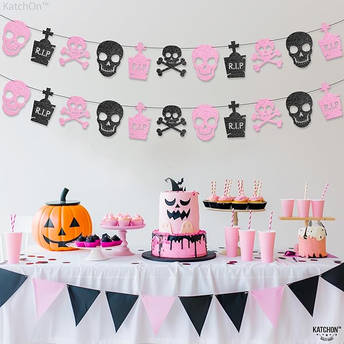 KatchOn Pink Black Felt Skull Garland - 13 Feet, No DIY | Felt Halloween Garland, Skull Party Decorations | Pink Halloween Decor