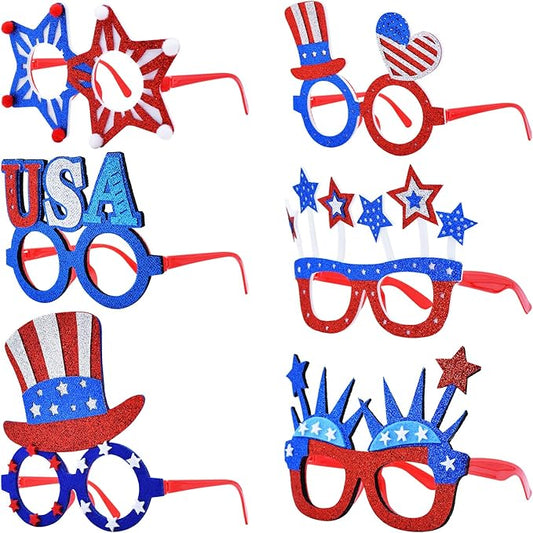 6 Pcs 4th of July Glasses Party Decor, Glitter Party Sunglasses Frames Novelty Costume Eyeglasses Photo Props for Adults, Independence Day Decorations Fun Holiday Party Favors, Memorial Day