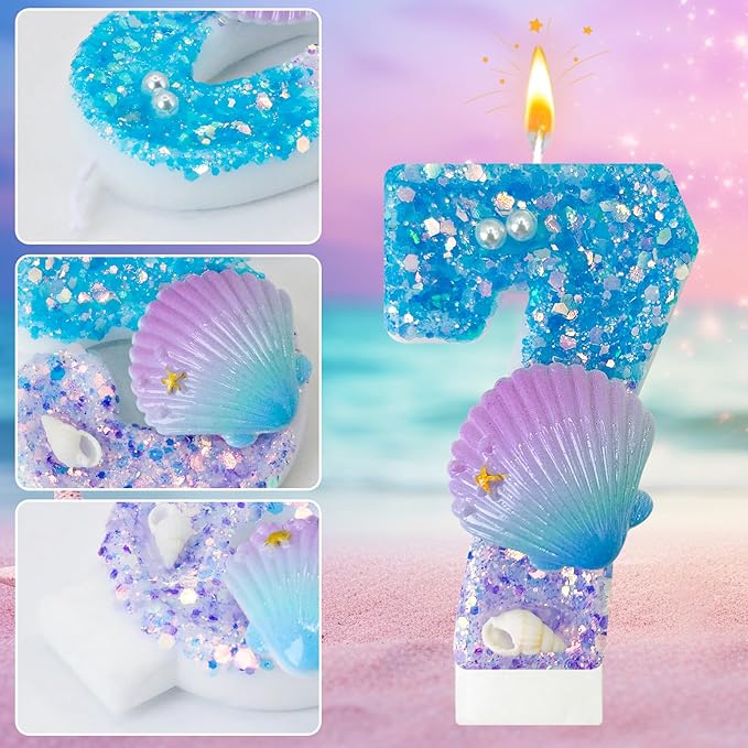 Blue and Purple Birthday Candles, 7th Birthday Cake Decoration, Cupcake Candles，Suitable for Mermaid Theme Party Cake Decoration (7)