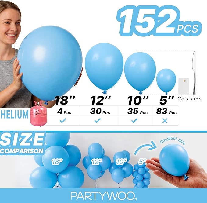 PartyWoo Light Blue Balloons 152pcs Different Sizes Pack of 18 12 10 5 Inch Baby Pastel Blue Balloon Arch Kit for Baby Shower Gender Reveal Graduation Mermaid Birthday Pool Party Decorations Blue-Y20