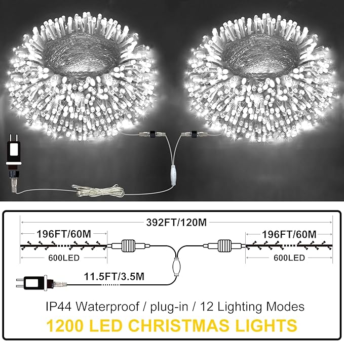 Outdoor Fairy Lights Waterproof, Plug in String Lights with 8 Modes Timer, 392Ft 1200 Twinkle LED Outdoor & Indoor Decor for Girl's Bedroom/Garden/Patio/Yard/Wedding/Holiday Party