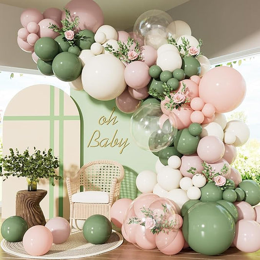 Baby in Bloom Balloon Arch Garland Kit - Pink and Green Balloon Arch Kit, Pink Sage Green Sand White Balloons with Bobo Balloons for Birthday Baby Shower Boho Wedding Party Decorations, 142Pcs