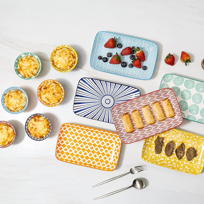 KitchenTour Rectangular Serving Platter, 8 inch Ceramic Dinner Plates Serving Trays Set of 6 for Salad, Appetizers, Sushi, Fruit, Microwave and Dishwasher Safe