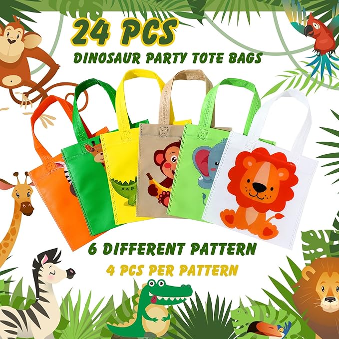 Tallew 24 Pack Safari Favor Bags with Handle Non Woven Jungle Animal Treat Goody Bags Lion Tiger Elephant Monkey Crocodile Giraffe Safari Birthday for Kids Party Baby Shower Decorations Supplies