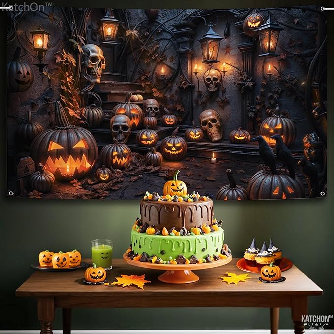 KatchOn, XtraLarge Spooky Halloween Backdrop - 72x44 Inch | Banner for Pumpkin Decorations | Photo Backdrop for Halloween Indoor, Outdoor | Pumpkin Banner for Summerween Decoration