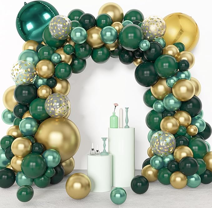 Amandir 153pcs Green and Gold Balloon Garland Arch Kit, Different Sizes 18 12 10 5 inch Green Latex Metallic Confetti Balloons Graduation Birthday Anniversary Safari Party Decoration Supplies