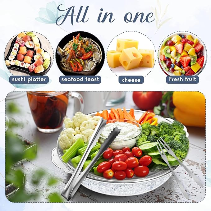 Baderke 6-Pack 11.8" Chilled Serving Tray Set with Ice Underneath, Stainless Steel Clip, Fruit Fork; Modern Round Iced Platter for Parties, Shrimp Cocktail, Oysters, Crawfish, Fruits