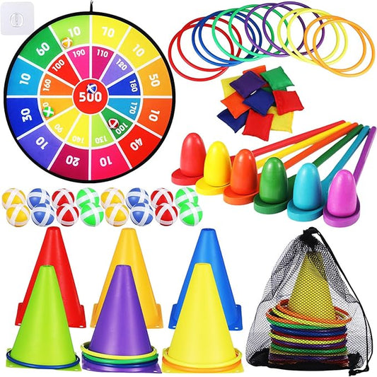 Libima 57 Pcs Carnival Games Combo Set for Kids, Bean Bags Ring Toss Game Dart Board with Sticky Balls Plastic Cones Egg Spoon Race Indoor Outdoor Party Supplies for Boys Girls Adults Birthday Gifts
