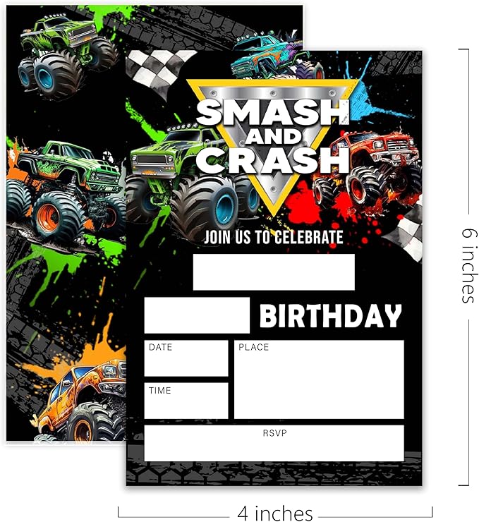 Truck Birthday Party Invitations–Smash&Crash–20 invitation Cards 4"x6" with Envelopes for Fun-Filled Birthday Celebrations.(012)