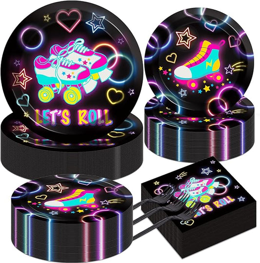 50 Guests Roller Skating Plates and Napkins Party Supplies Retro Roller Skate Party Decorations Disposable Tableware Set Let's Roll Dinnerware Favor for Boys Girls Teens Birthday, 200PCS