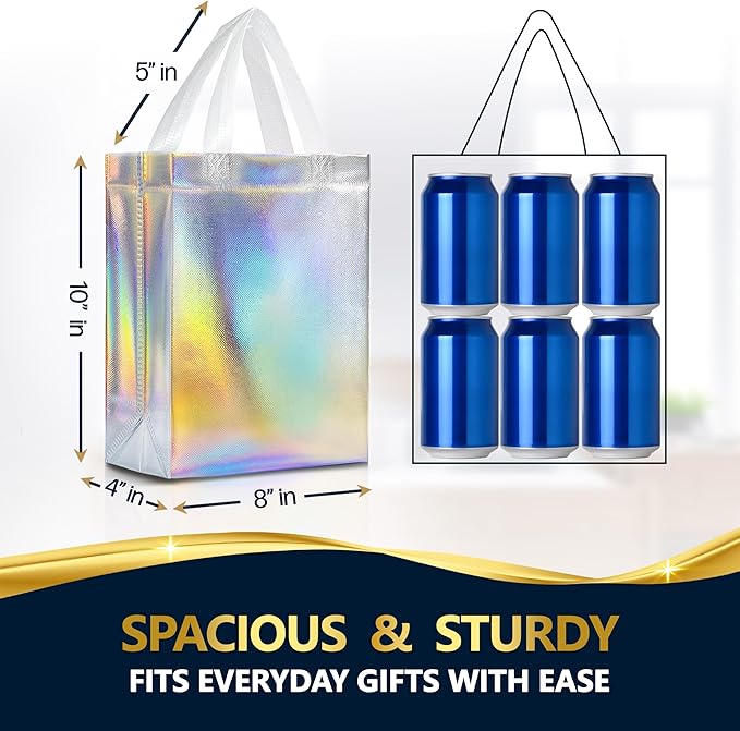 Nush Nush Holographic Bulk Gift Bags Medium Size - Set of 30 Reusable Iridescent Gift Bags with Handles - Goodie Bag for Birthdays, Weddings, Holidays, Valentines, Events - 8W x 4D x 10H