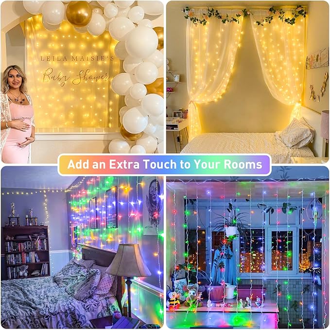 JMEXSUSS 300LED Dual Color Changing Curtain Lights with Remote, 9.8 x 9.8ft Connectable Plug in Christmas String Lights for Bedroom Backdrop Outdoor Decor, Warm White to Multicolor
