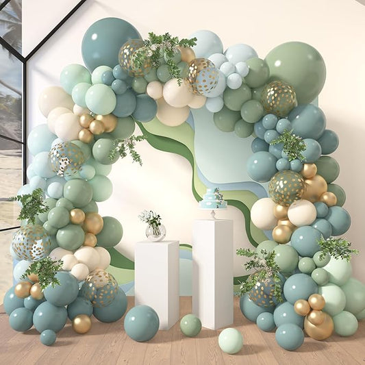 Amandir 173Pcs Dusty Blue Green Balloon Garland Arch Kit, Haze Fog Blue Ash Mist Sage Green Sand White Gold Confetti Balloons for Wedding Bridal Boho Birthday Party Backdrop Decorations