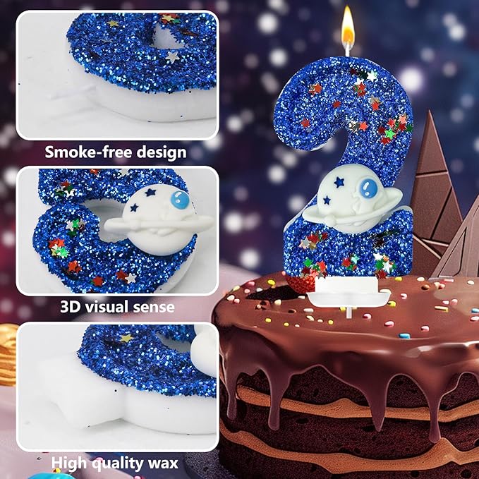HXOUSE Spaceship Number 2 Birthday Candles - Outer Space Universe Birthday Candles for Cake, 2 Candle Topper for Anniversary Celebrations, Astronaut Rocket Party Decorations for Boys