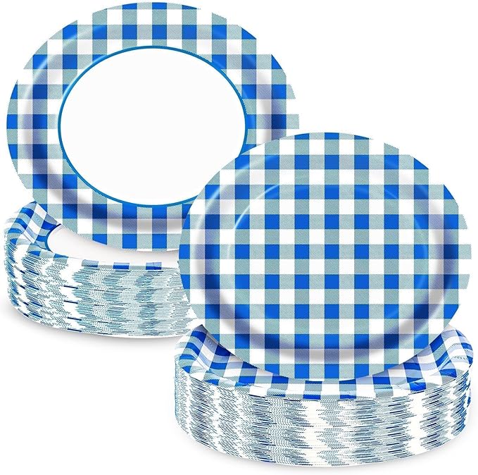 Blue Gingham Oval Paper Plates 10" x 12",Large Disposable Heavy Duty Paper Plates Blue and White Buffalo Checked Plaid for Birthday Wedding Bridal Baby Shower Tea Party Supplies,50 Guests
