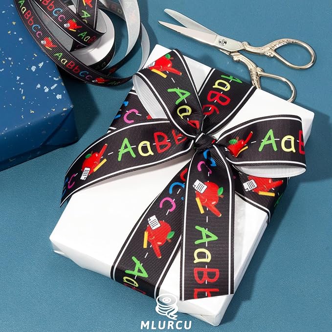 Back to School Themed Grosgrain Ribbon 3 Rolls Set 5/8" 7/8" 1.5", ABC Alphabet Apple Print Craft Fabric Ribbon for Teacher Appreciation Wreath Garland Bows Sewing Gift Wrapping Classroom Party Decor