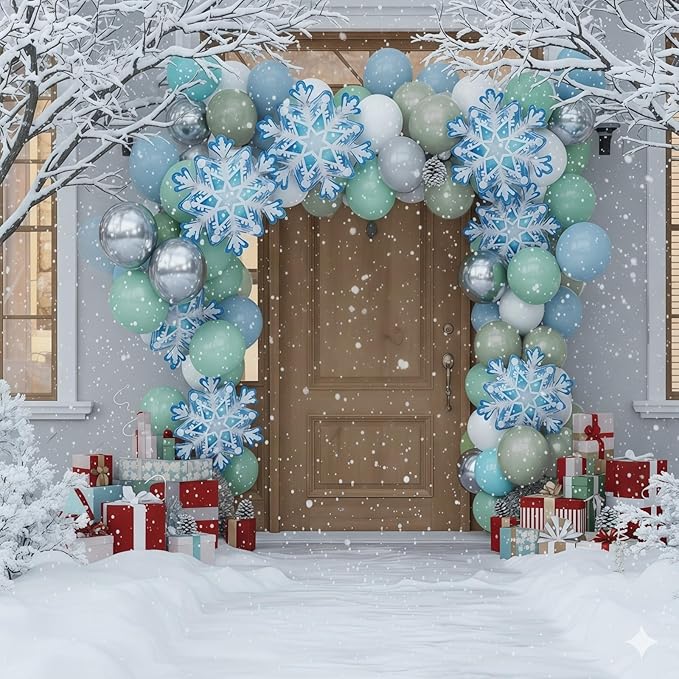 Blue Green Snowflake Balloon, Winter Wonderland Party Decorations, Pastel Green Dusty Blue Metallic Silver Balloons with Snowflake Foil Balloon for Christmas Winter Onederland Birthday Party Decor
