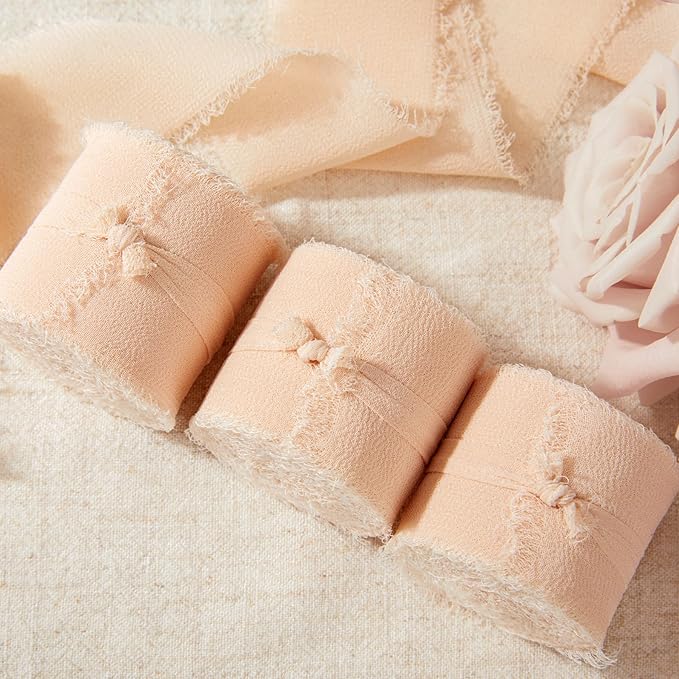 Fall Ribbon, 6 Rolls Champagne Ribbon for Flower Bouquet/Gift Wrapping, 1 1/2 inch x 7Yd Chiffon Ribbons for Crafts, Bridal Bouquets, DIY Crafts