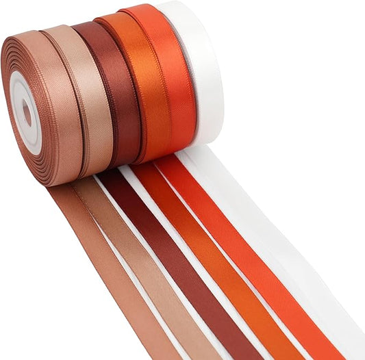 Terracotta Ribbon 3/8 Inch, Burnt Orange Double Face Satin Ribbon 6 Rolls 60 Yards, Thin Autumn Ribbon for Fall Decor, Halloween Crafts, Wedding Invitations, Gift Wrapping, Bouquets