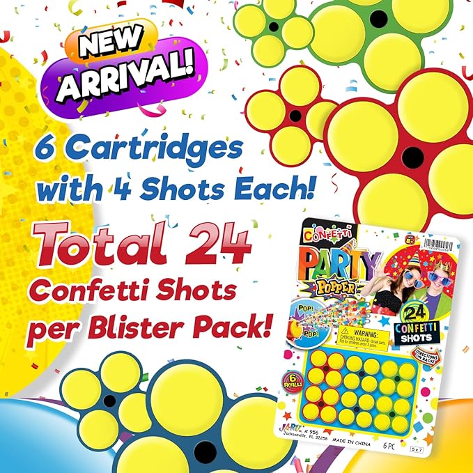 JA-RU Confetti Poppers for Kids with Refills (2 Confetti Gun & 56 Shots) Colorful Party Poppers Confetti Shooters, Party Favors for Wedding, Birthday & New Year’s Eve. 955-2-956-2s