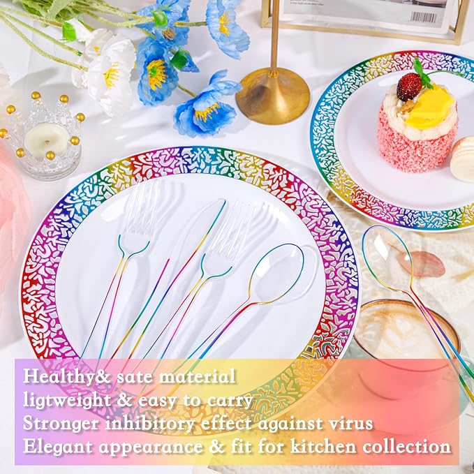 Supernal 120 PCS Clear Plastic Silverware Heavy Duty - Disposable Utensils Rainbow Colorful Silverware Set Include 40 Forks, 40 Knives and 40 Spoons for Trolls/Birthday Party, Baby Shower Decorations