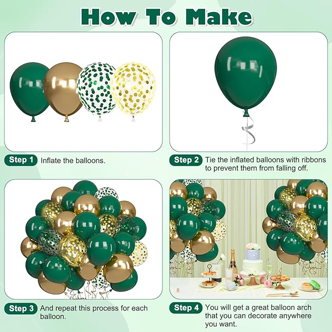 Ouddy Life 71pcs Green and Gold Balloons Set, 12 inch Dark Green and Metallic Gold Confetti Balloons for Birthday Graduation St Patricks Baby Shower Jungle Party Wedding Party Decorations