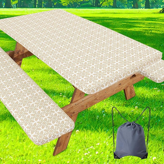 misaya Picnic Table Cover with Bench Cover, Waterproof Elastic Fitted Tablecloth for 8 Foot Tables, Rectangle Washable Polyester Tablecloths for Picnic, Camping, Outdoor (Khaki, 30" x 96")