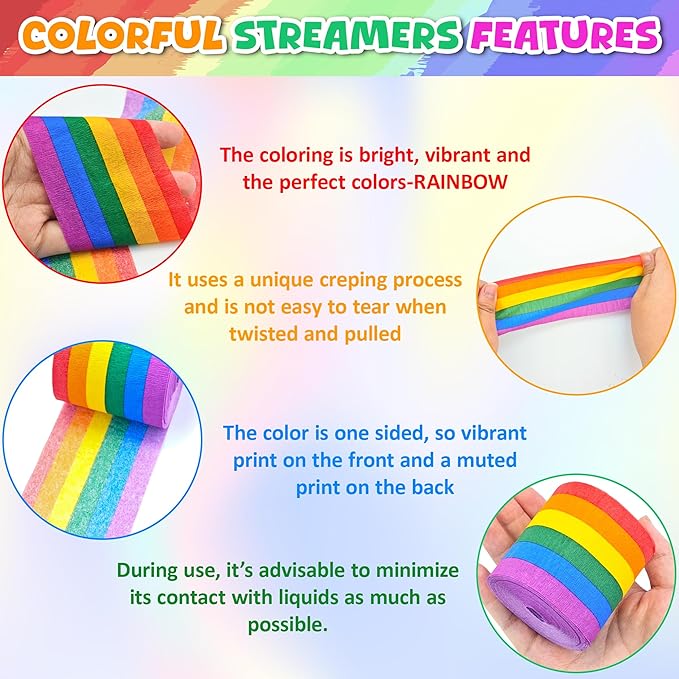 6 Rolls 492ft Crepe Paper Streamers Party Decorations, Rainbow Crepe Paper Roll Streamers for Rainbow Themed Birthday Party DIY Crafts