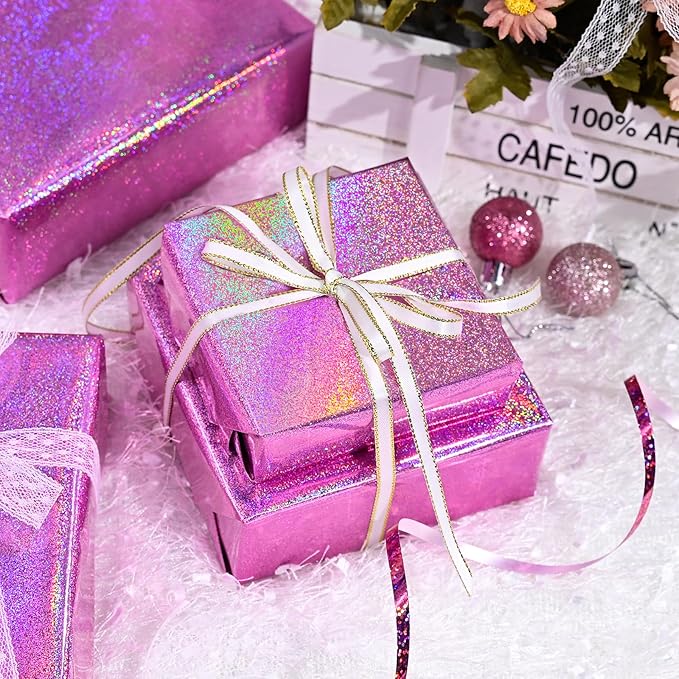 Burymento Pink Wrapping Paper Roll, Metallic Holographic Point Gift Wrap for Birthday, Valentines, Mothers day, Graduation, Wedding, Fathers day, Baby Shower, Christmas (17 IN x 32.8 FT)