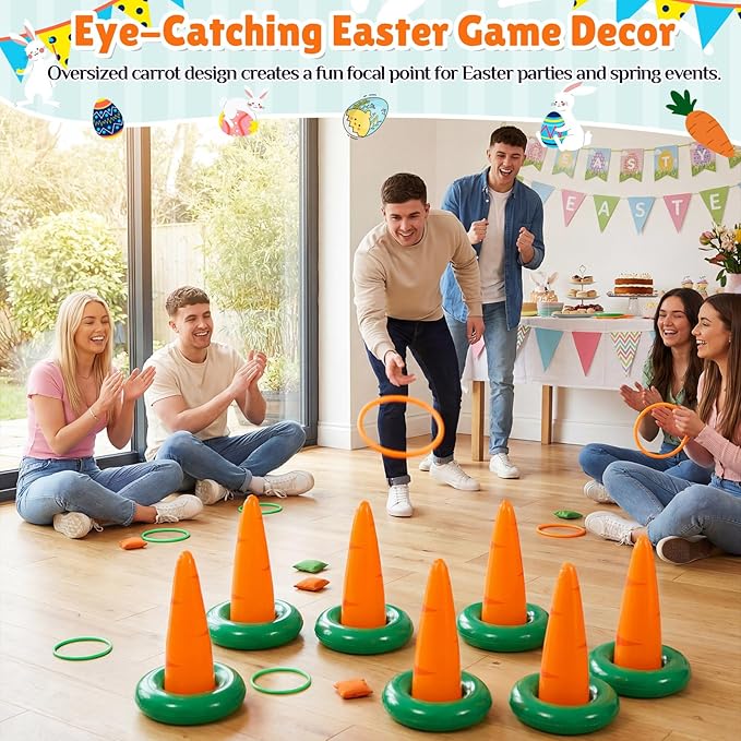 Seenelling Easter Carrots Inflatable Ring Toss Game for Adults Family, Indoor Outdoor Party Easter Game Party Decorations Cute Fun with 6 Cones 12 Rings 12 Bean Bags 1 Air Pump